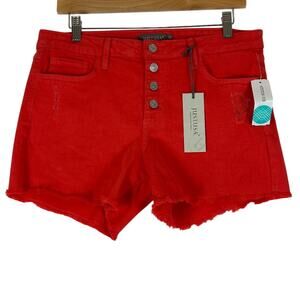 NWT Just USA Denim Shorts Womens 12 Salmon Red Button Fly Raw Hem Distressed